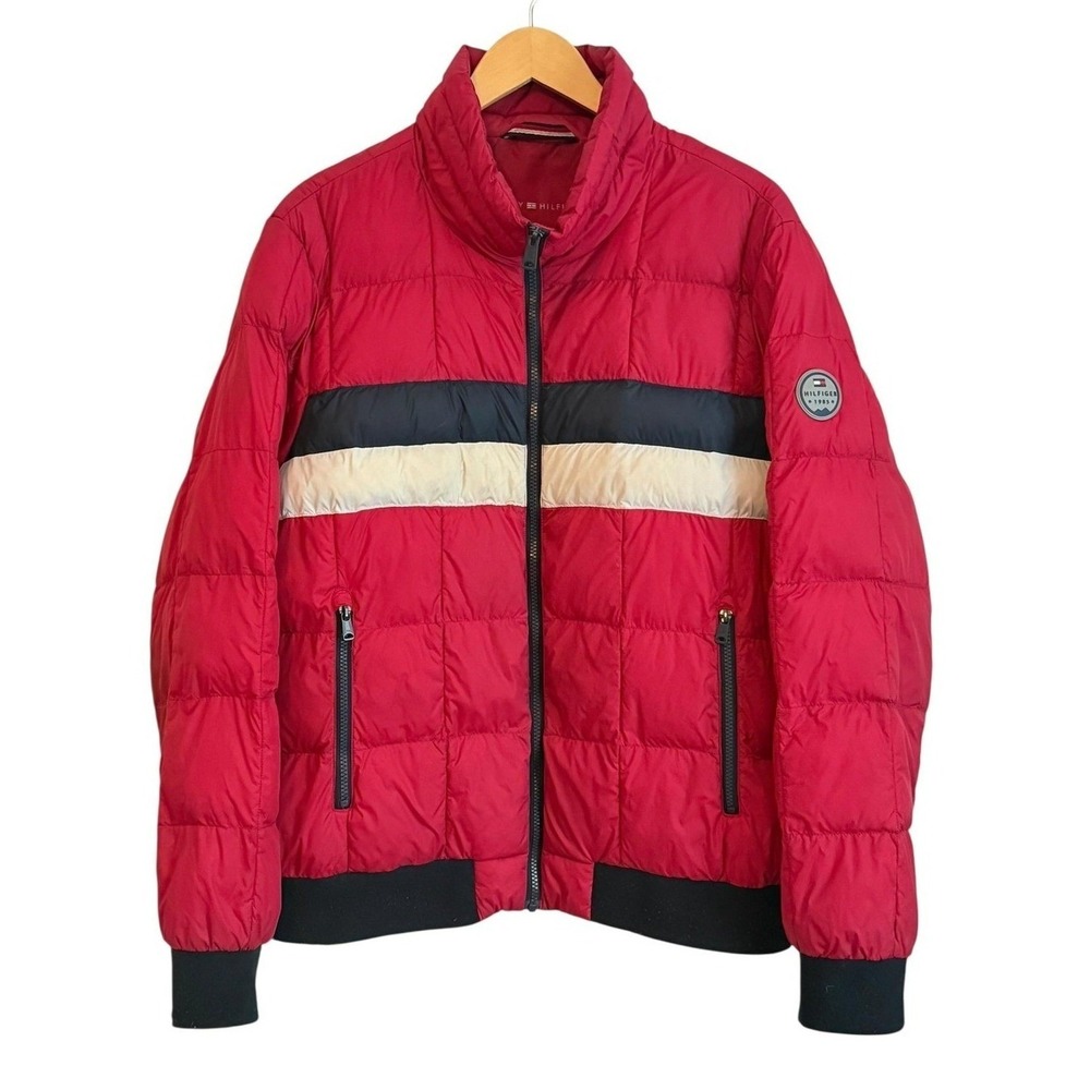 Tommy Hilfiger Colorblock Puffer Jacket Mens L Red Quilted Coat Bomber Gorpcore